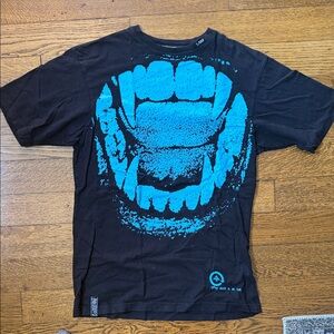 LRG Black Tee with Bright Blue Graphic Mouth Print